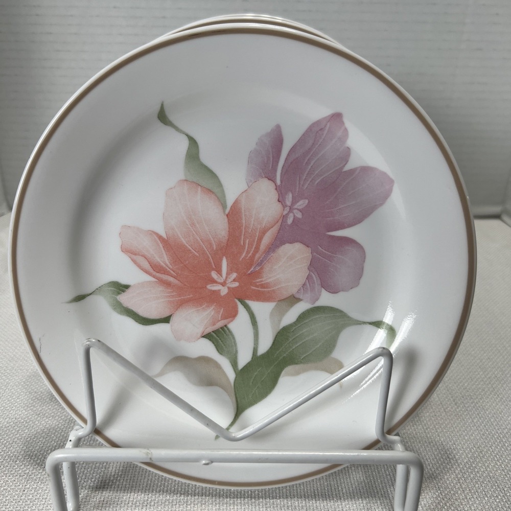 Corning Corelle Pacifica 4 Salad Plates (7 1/8") Peach Lavendar Flowers Vtg/nice
